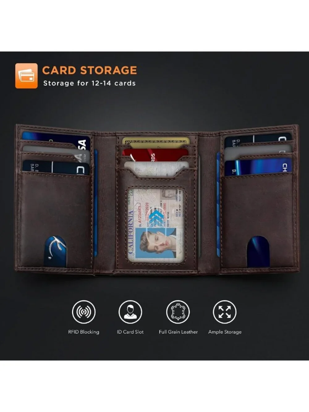 Slim RFID Blocking Leather Trifold Wallet for Men - 11 Card Slots, ID Window